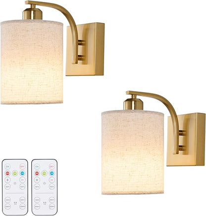 Powfloven Gold Rechargeable Wall Sconces Set of 2 with Remote, Wireless Battery Operated Dimmable LED Wall Lights, Cordless Wall Lighting Lamp Fixture for Bedroom Living Room