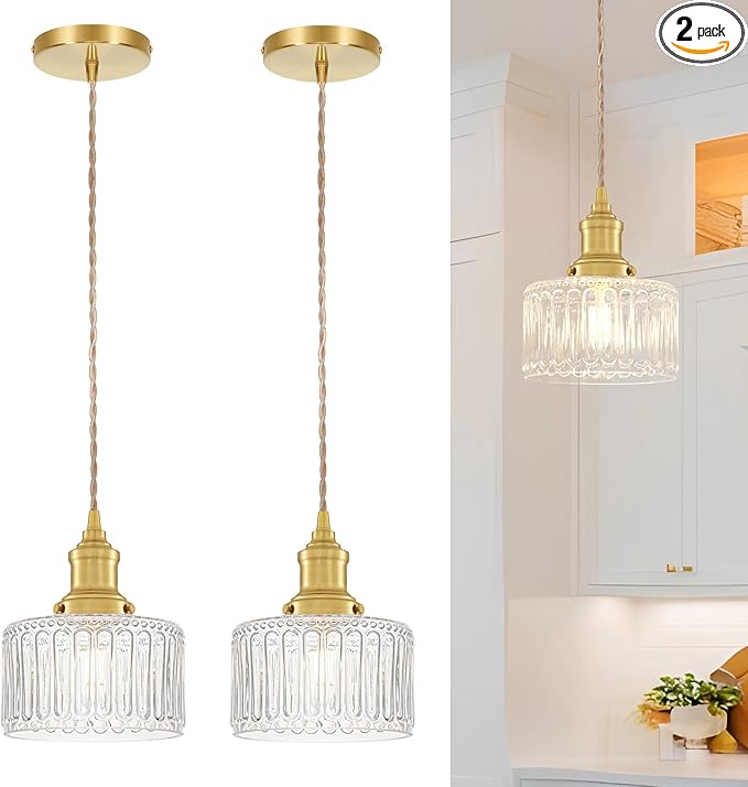 Vintage Pendant Light Set of 2, Brushed Gold Pendant Lights Kitchen Island with Clear Glass, Brass Kitchen Island Light Adjustable Hanging Light for Entrance Living Room Bathroom Dining Room Hallway