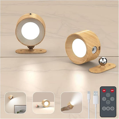Deyagoo 2PACK LED Wall Sconce - Rechargeable Cordless Wall Light, 3 Colors & 3 Brightness Levels, 360° Magnetic Rotating Head, Bedside Reading Lamp, Easy Install Battery Operated Lamp Wood