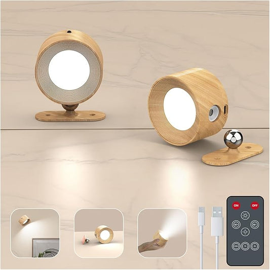 Deyagoo 2PACK LED Wall Sconce - Rechargeable Cordless Wall Light, 3 Colors & 3 Brightness Levels, 360° Magnetic Rotating Head, Bedside Reading Lamp, Easy Install Battery Operated Lamp Wood