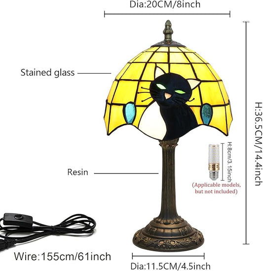 Tiffany Stained Glass Small Cat Table Lamp Elegant Cute Vintage Style White Black Cat Lamp for Nightstand Bedroom Home Decor Kitchen Counter Antique Living Room Office Desk Bedside Night Lamps