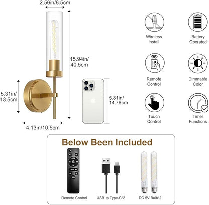 Battery Operated Wall Sconce,Gold Wall Sconces 8000mAh Fast Chargin Dimmable 2Color Temperature Bulbs Endurance 100 Hours Infinitely with Remote Control Wireless Wall Lights for Bedroom Living