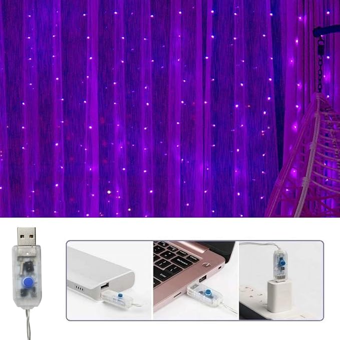 Curtain String Lights Halloween Decor, 300 LED Twinkle Lights with Remote Timer USB Power 8 Modes Purple Fairy Lights for Bedroom Wall, Tapestry, Window, Christmas Decor-9.8ft x 9.8ft(Purple)