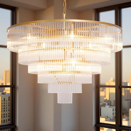 Modern Multi-Tier Crystal Chandelier 6-Tier Round Gold Finish Ceiling Light -Cylindrical Glass Rods -Dining Room Living Room Bedroom Entryway -Luxury Lighting Fixture 35.5''