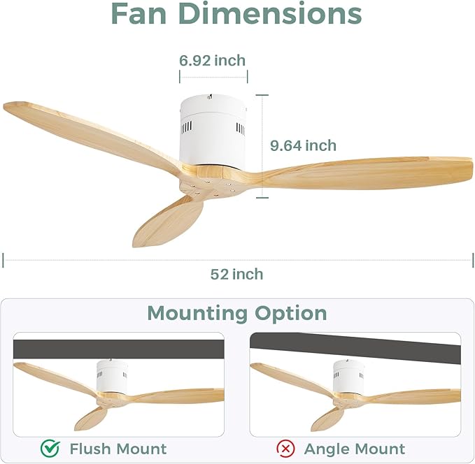 Sofucor 52 Inch Smart Ceiling Fan Without Light Flush Mount Solid Wood Ceiling Fan with Alexa/Google/APP/Remote Control-Modern Outdoor Ceiling Fans No Light for Bedroom/Patio/Indoor,Natural Wood&White