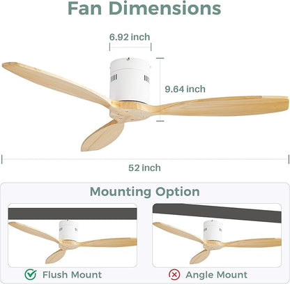 Sofucor 52 Inch Smart Ceiling Fan Without Light Flush Mount Solid Wood Ceiling Fan with Alexa/Google/APP/Remote Control-Modern Outdoor Ceiling Fans No Light for Bedroom/Patio/Indoor,Natural Wood&White
