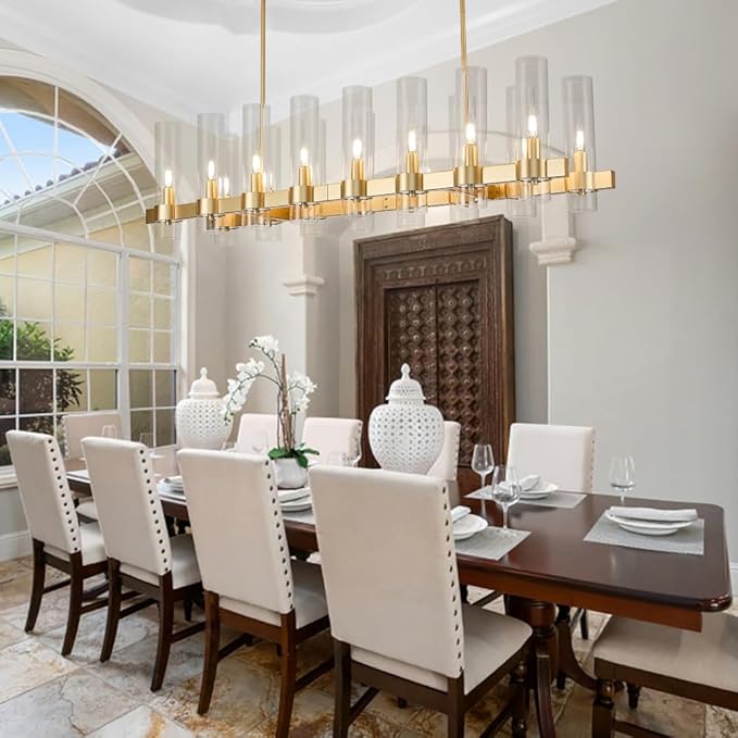 Modern Gold Linear Chandelier, 50'' Rectangular 16-Light Lighting Fixture with Glass Shades, Adjustable Hanging Height, Over Dining Table for Dining Room, Kitchen Island
