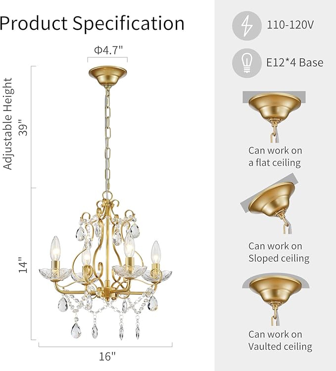 WUZUPS Crystal Candle Chandelier Pendant Flushmount Ceiling Light Modern Lighting Fixture for Bedroom Hallway Bar Kitchen Bathroom, H 14" x W 16", Gold, E12 Base