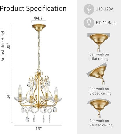 WUZUPS Crystal Candle Chandelier Pendant Flushmount Ceiling Light Modern Lighting Fixture for Bedroom Hallway Bar Kitchen Bathroom, H 14" x W 16", Gold, E12 Base