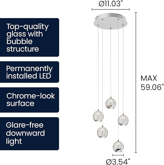 5-Light Modern Chrome Glass Globe Chandelier, Hanging Cluster Pendant Light Kitchen Island & Foyer Chandelier, Warm White 3000K, Chrome Pendant Lights Cluster, Ø 11.03 in