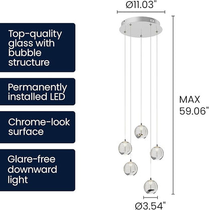 5-Light Modern Chrome Glass Globe Chandelier, Hanging Cluster Pendant Light Kitchen Island & Foyer Chandelier, Warm White 3000K, Chrome Pendant Lights Cluster, Ø 11.03 in