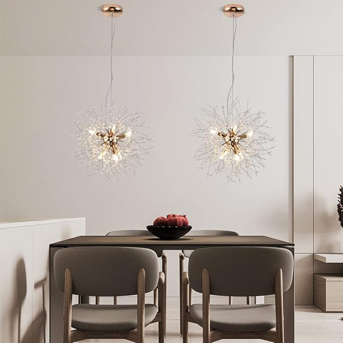 Firework Crystal Chandeliers, 8-Light Gold Dandelion Chandelier Lighting, 15.7" Stainless Steel Small Sputnik Chandelier Lights for Kitchen Island Bedroom