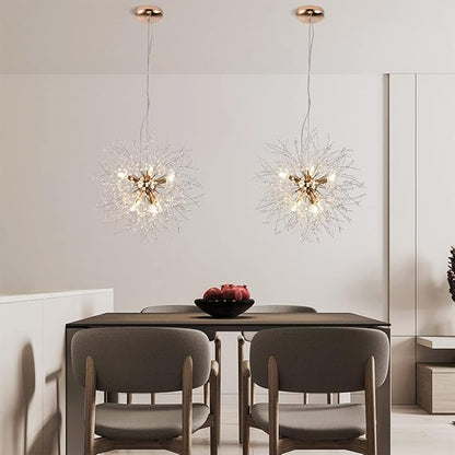 Firework Crystal Chandeliers, 8-Light Gold Dandelion Chandelier Lighting, 15.7" Stainless Steel Small Sputnik Chandelier Lights for Kitchen Island Bedroom