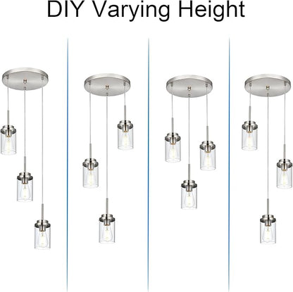 MELUCEE 3-Light Hanging Chandelier Light for Dining Room in Brushed Nickel, Modern Kitchen Island Pendant Lighting Adjustable Hanging Ceiling Lamp with Clear Glass Shade