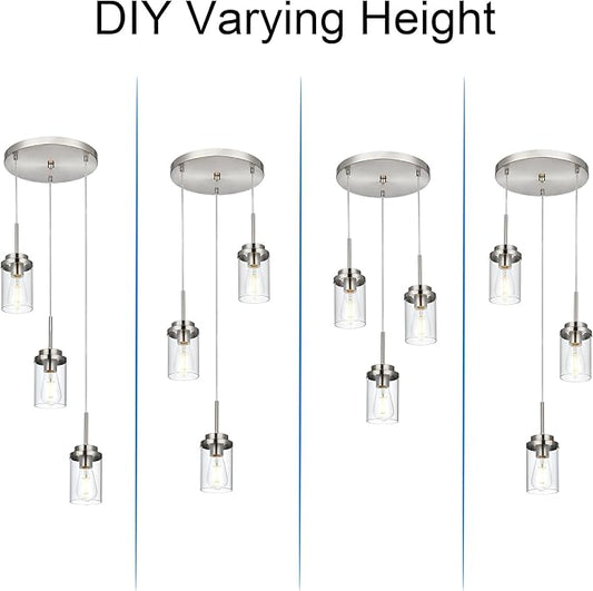 MELUCEE 3-Light Hanging Chandelier Light for Dining Room in Brushed Nickel, Modern Kitchen Island Pendant Lighting Adjustable Hanging Ceiling Lamp with Clear Glass Shade