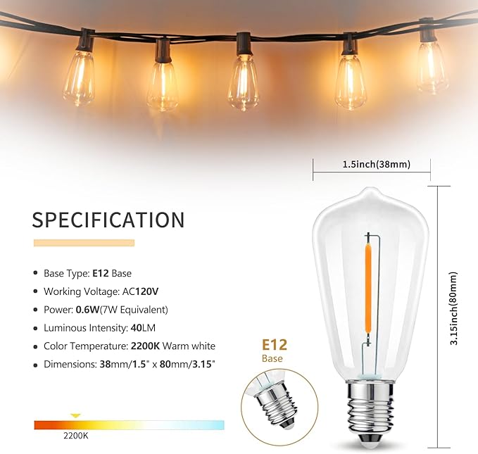 ST38 Replacement LED Light Bulbs, Shatterproof & Waterproof 0.6W ST38 LED Bulbs, Outdoor String Lights, E12 Base Patio Edison LED Light Bulbs, Warm White 2200K Plastic 40LM Non-Dimmable 25 Pack