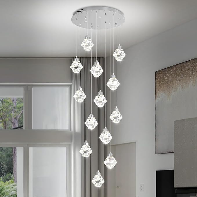 H138 High Ceiling Crystal Chandelier, 14-Light Chrome Pendant Light Fixture, Luxury Raindrop Chandelier for Foyer, Staircase, Villa, Entryway, Modern Large Crystal Lighting for Living Room