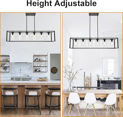 6-Light Chandeliers Black Finished Farmhouse Dining Room Lighting Fixtures Hanging Industrial Modern Kitchen Island Pendant Lighting with Clear Glass Ceiling Lights for Restaurant Bar Hotel