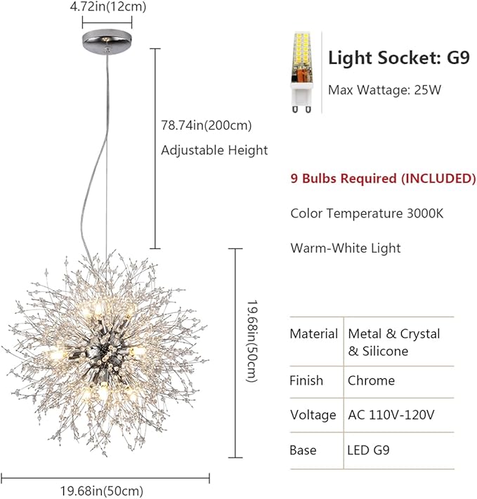 Firework Crystal Chandeliers, 9-Light Stainless Steel Dandelion Chandelier Chrome, 19.6" Modern Sputnik Pendant Lighting for Bedroom Dining Room