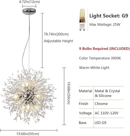 Firework Crystal Chandeliers, 9-Light Stainless Steel Dandelion Chandelier Chrome, 19.6" Modern Sputnik Pendant Lighting for Bedroom Dining Room