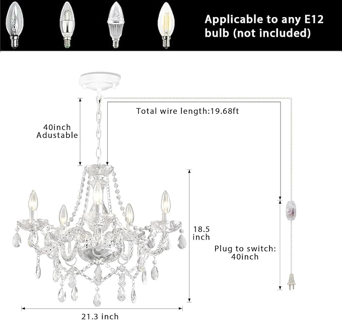 Plug in Chandelier,White Crystal Chandeliers Hanging Pendant Light Crystal Ceramic 5 Light with Plug in Cord