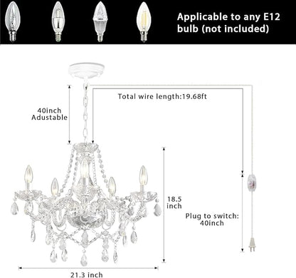 Plug in Chandelier,White Crystal Chandeliers Hanging Pendant Light Crystal Ceramic 5 Light with Plug in Cord