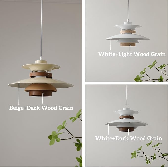 EFINEHOME Modern Decor Adjustable Pendant Lamp Kitchen Island, Aluminum and Wood Finish,1-Light E26 Base Ceiling Hanging Light for Dining Room Shop Restaurant (White+Dark Wood Grain, 40cm)