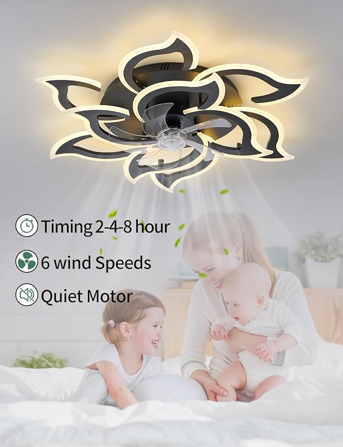 Ceiling Fans with Lights and Remote, 32Inch Modern Low Profile Ceiling Fan with App Control, Dimmable LED Flush Mount Ceiling Fan Lights, Ceiling Fans for Livingroom，Diningroom, Kitchen, Indoor-Black