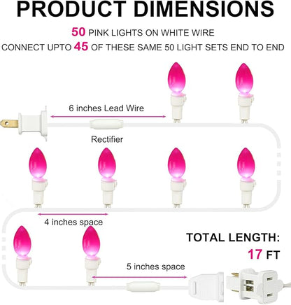 BOHON Pink LED String Lights, 17 Feet White Wire Christmas Lights, 50 Bulbs, Indoor Outdoor Valentine's Day Holiday Wedding Decorative Lighting Valentine Day Decor