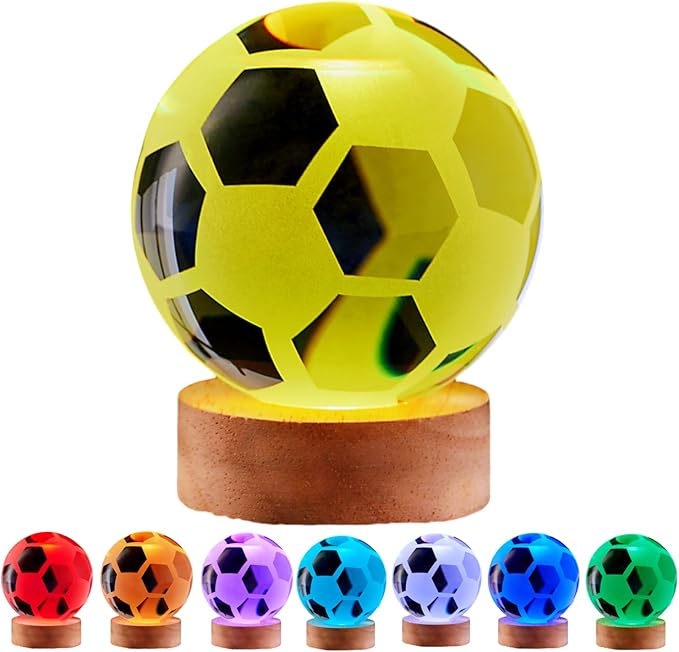 Soccer Crystal Ball Lamp,3.15 inch 3D K9 Crystal Ball Night Light with Wooden Base,Soccer Lamp Gift for Fans,Football Night Light,16 Colors Change with Remote Control (H)