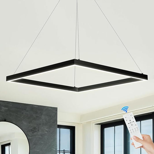 Modern 24" Square LED Chandelier, Black Linear LED Chandelier for Dining Room Dimmable Flush Mount Pendant Light for Living Room Kitchen Office, 3000-6500K