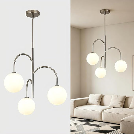 Modern 3 Light Brushed Nickel Chandelier Milk Glass Pendant Lights Kitchen Island White Globe Chandelier Light Fixture Silver Chandeliers for Dining Room