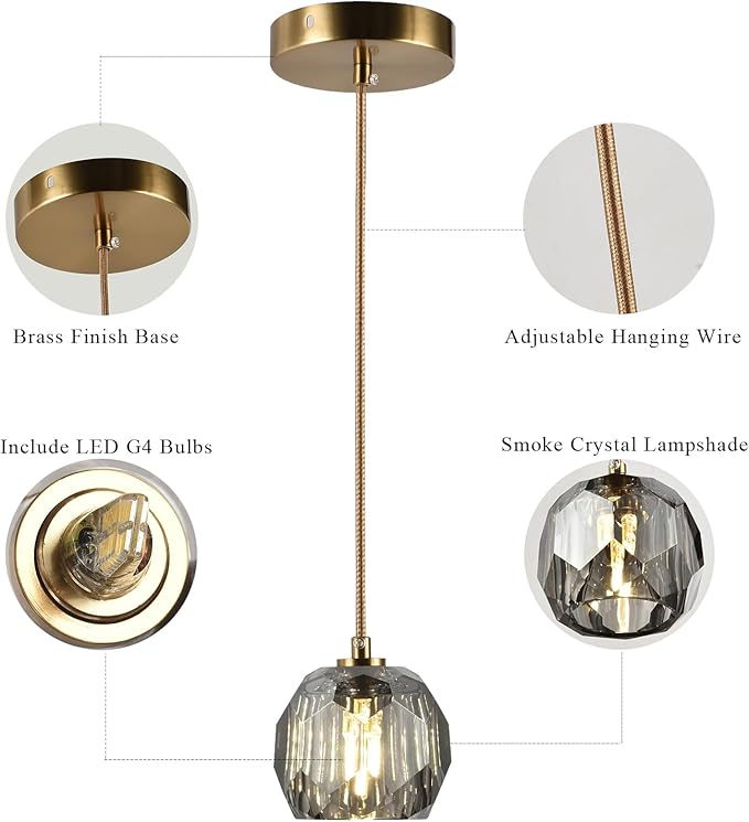 Modern Farmhouse Pendant Lights, Brass Smoke Crystal Hanging Lamp, Small 1 Light Raindrop Chanadelier for Bedroom Dining Room Kitchen Island Entryway Living Room