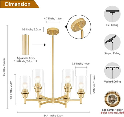 Modern Gold Chandeliers for Dining Room, 6-Light Chandelier Light Fixture with Clear Glass Shades, Metal Hanging Pendant Lighting for Living Room, Kitchen, Staircase, Entryway