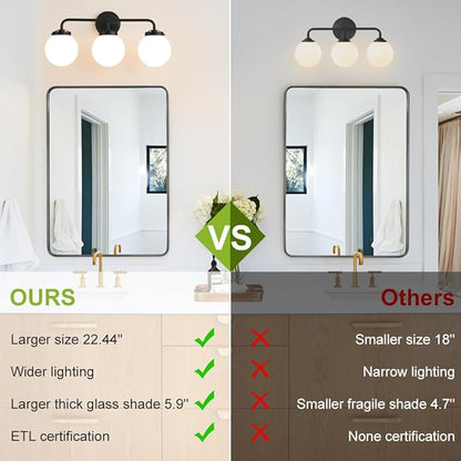 Black Bathroom Light Fixtures Over Mirror, 22.4'' 3-Light Modern Vanity Lighting with Milk White Glass Globe Shade Wall Sconce