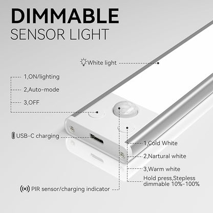 12inch Under Cabinet Lighting, 3 Color 2500mAh Magnetic Motion Activated Under Cabinet Lights, Rechargeable Closet Lights Battery Operated, Wireless Dimmable Under Counter Lights for Kitchen 2 Pack