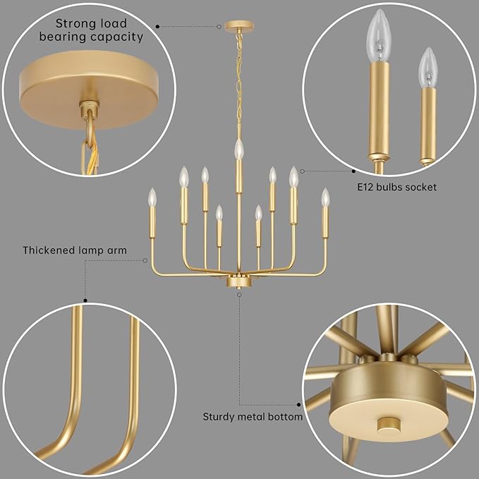 Gold Chandeliers for Dining Room Light Fixture Over Table, Modern Farmhouse Chandeliers for Living Room,9-Lights Industrial Metal Candle Lighting Fixtures for Entryway Kitchen Island Foyer