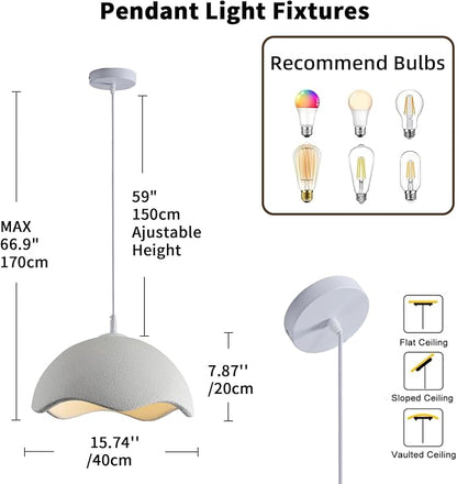 JAYMP 15.7" Modern Pendant Light for Dining Room Kitchen Island Light Hanging Lamp E26 Base Japanese Wabi-Sabi Style Bird Nest Shape Lighting Fixture, 1 Pack (Matte White,D Shape, 40cm/15.7inch)