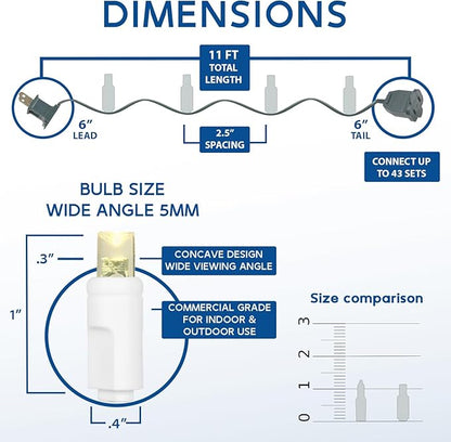 Novelty Lights 11ft Christmas String Lights, 50 Green LED Bulbs on White Wire, 2.5" Spacing, Connectable Indoor Outdoor Commercial Grade Lighting for Holidays Patio Weddings