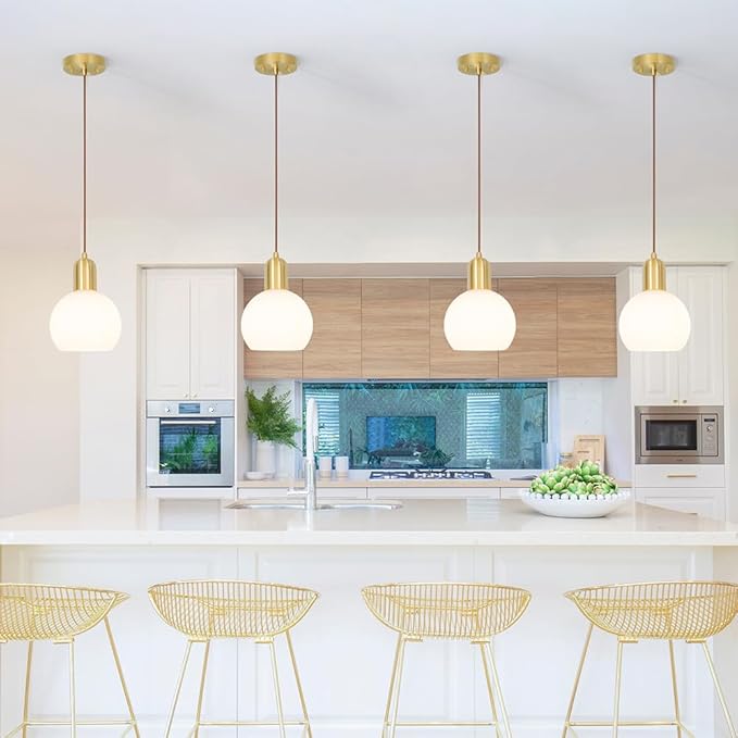 Gold Pendant Light Set Of 2, Modern Pendant Lights Kitchen Island With White Striped Glass, Mid Bathroom Pendant Light Adjustable Hanging Light For Dining Room Hallway, 7.8in Shade 11.8-59in Cord