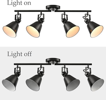 DIRYZON 4-Light Industrial Matte Black Adjustable Round Track Lighting, Semi Flush Mount Ceiling Light with Multi-Directional Heads for Kitchen, Living Room, Bedroom, Hallway, Dimmable