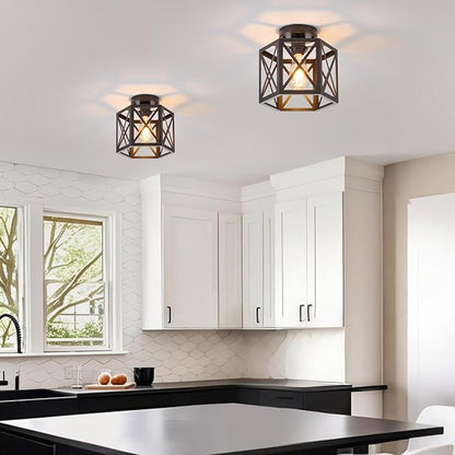 XSDeTu 2 Pack Farmhouse Semi Flush Mount Ceiling Light, Industrial Black Hallway Light Fixture, Small Metal Cage Close to Ceiling Lights for Kitchen Sink Porch Bedroom