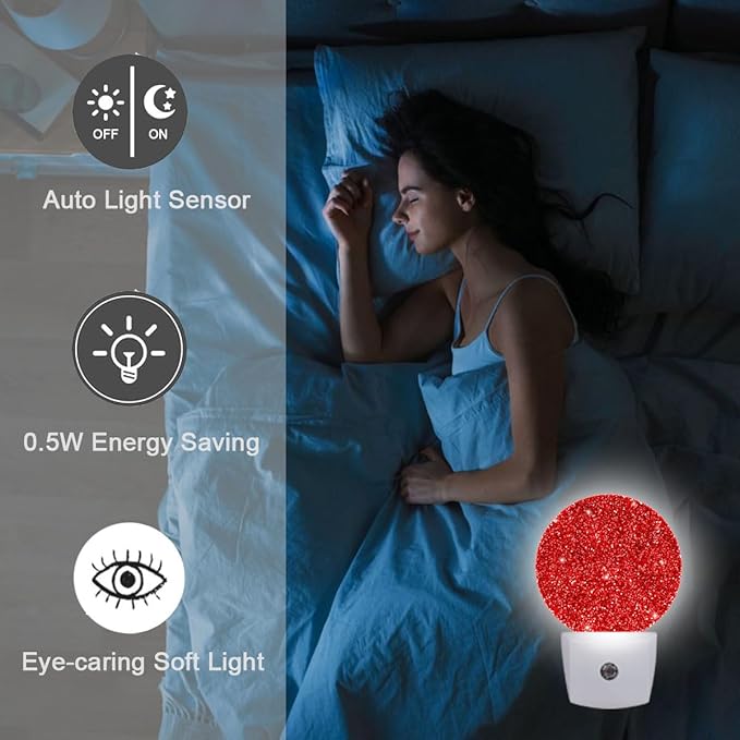 Red Glitter Shine Plug in Night Light Auto Light Round Lamps Energy Saving Gift for Women Men Friends