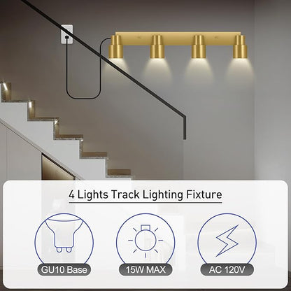 Plug in Track Lighting, 23" LED Track Light Fixtures Ceiling, Gold 4 Way Spotlight, Rotatable Light Head, Plug in Ceiling Light with Power Cord, Plug Wall Light for Kitchen Hallway Bar(GU10, NO Bulb)