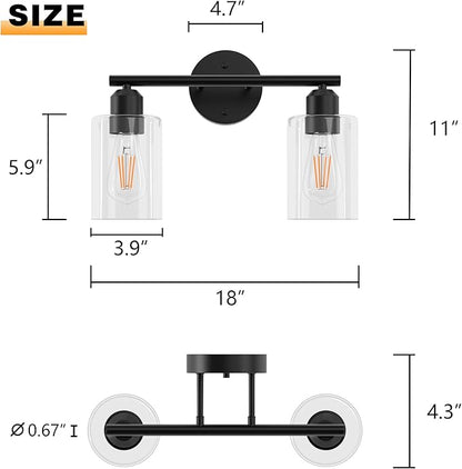 Bathroom Vanity Light Black 2 Light Rustic Bathroom Vanity Lights Over Mirror, UL Listed Modern Industrial Wall Sconces Lamp with Cylinder Glass Shade, Light Fixture for Bathroom E26 Socket