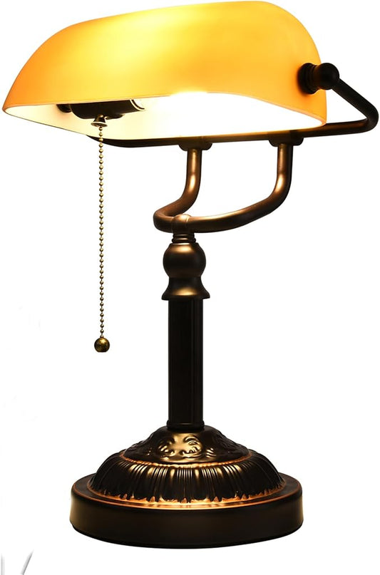 Bankers Desk Lamp with USB-A Port, Rustic Desk Lamp Pull Chain with Yellow Glass Shade, Vintage Banker's Desk Lamp Oil Rubbed Bronze for Home Office Library