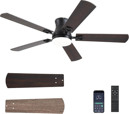 KNUN Ceiling Fans with Lights,52 Inch Low Profile Ceiling Fan with Light and Remote Control,Flush Mount,6 Speeds DC Reversible Motor, 3CCT Dimmable, Noiseless Brown Ceiling Fan for Living Room,Patio