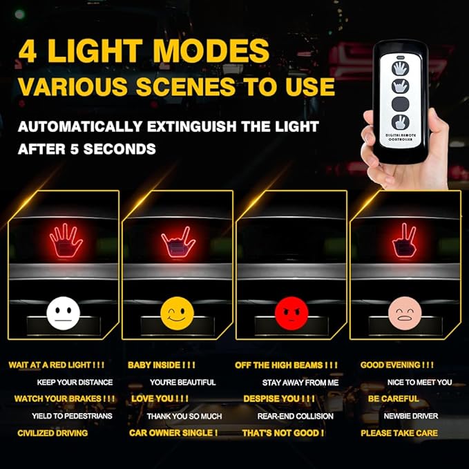 LED Gesture Light Comical Car Finger Light with Remote Ideal Gifted Car Accessories Funny Back Window Sign Car Gadget & Road Rage Sign Give The Love & Wave & Yead to Drivers-Red