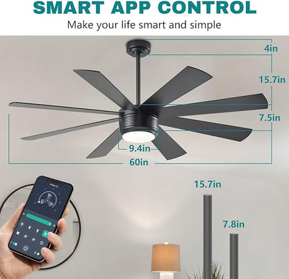 SHOWDI Ceiling Fan with Lights and Remote Control, 8 Blade App Commercial Industrial Ceiling Fan with Lights Reversible Stepless Brightness and Color Temperature (Black, 60 Inch)