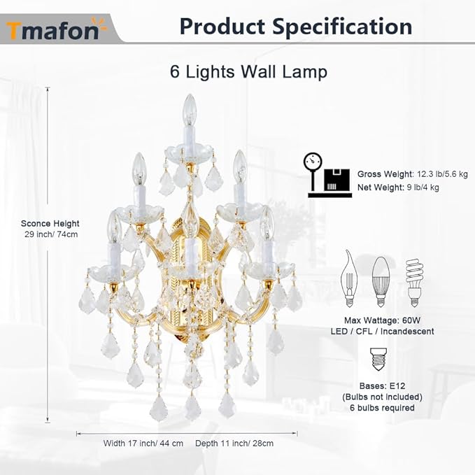 Large Modern Crystal Wall Lights - 6 Lights Maria Theresa Wall Lamp Chandelier Light Fixtures, Gold Wall Mounted Sconce for Hotel, Living Room, Hall, Lobby